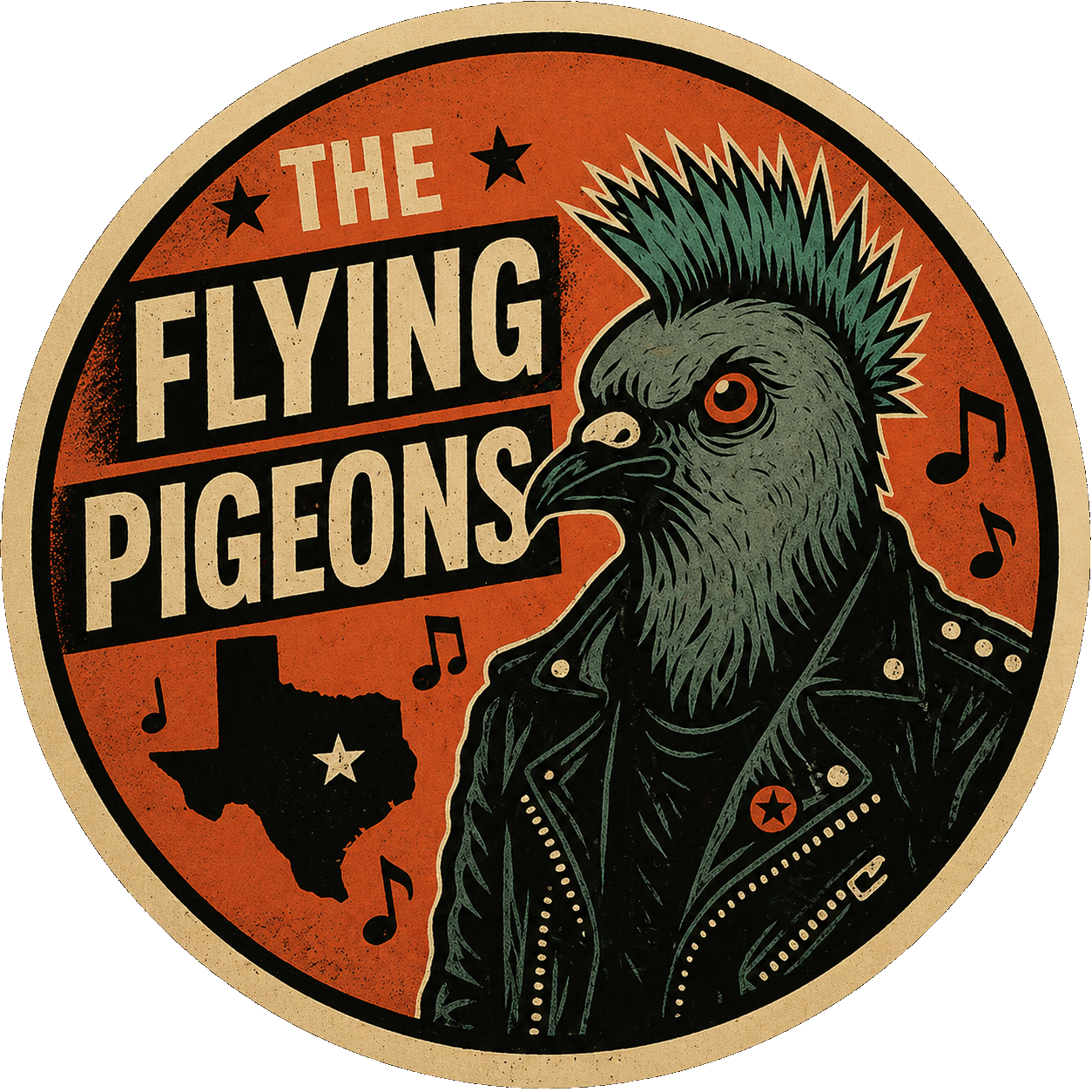 Circular The Flying Pigeons badge with a punk pigeon in a leather jacket, Texas silhouette, stars, and music notes.